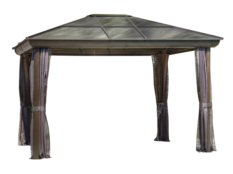 Hexagonal gazebo with curtains on a white background