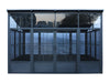 Modern glass greenhouse with reflective surface on a white background
