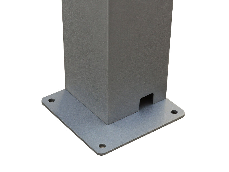 Gray metal post with a square base on a white background