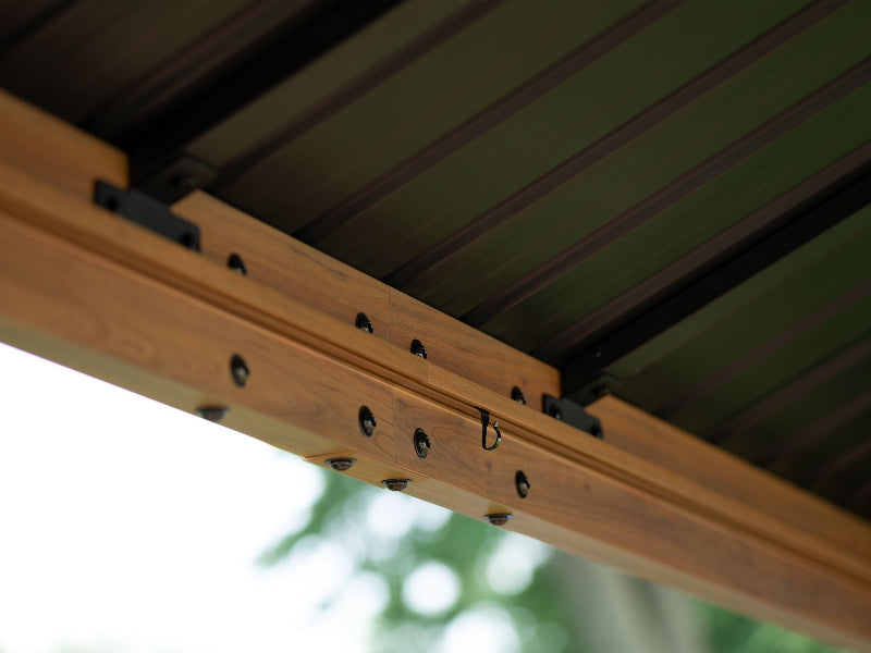 Wooden Gazebo structure with metal brackets