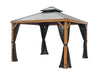 Wooden gazebo with black curtains on a white background