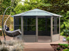 Gazebo with a swing chair in a garden setting