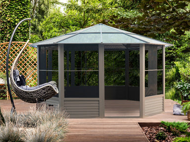 Gazebo with a swing chair in a garden setting