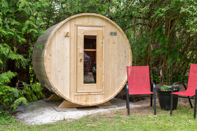 Leisurecraft CT Harmony Barrel Electric Sauna View in the yard