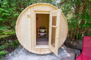 Leisurecraft CT harmony Barrel Sauna View from the outside looking in through the front
