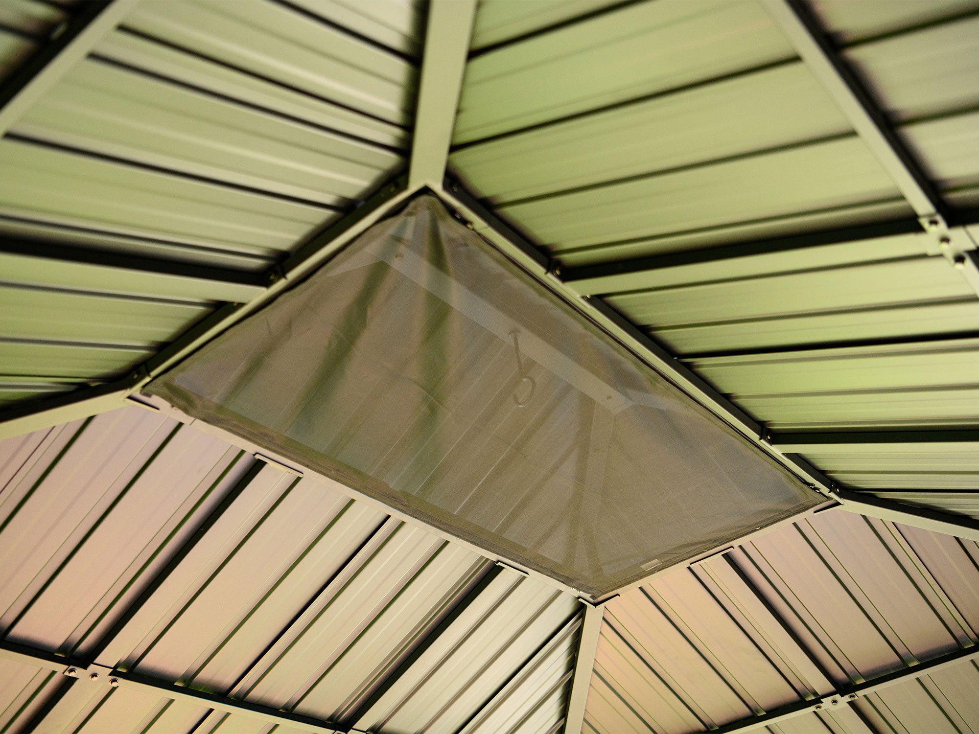 The penguin Yosemite gazebo showing the netting that can be installed on the roof to cover up the hook accessory